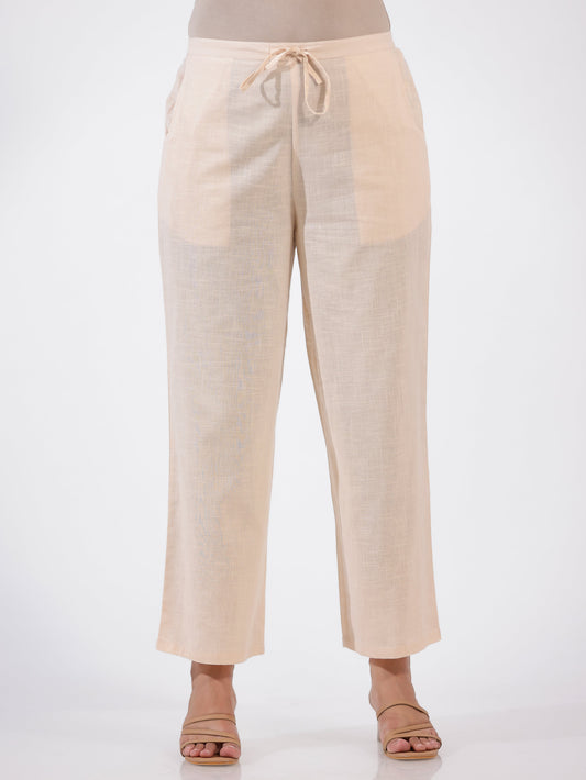 Natural Cotton Solid Beige Straight Trousers