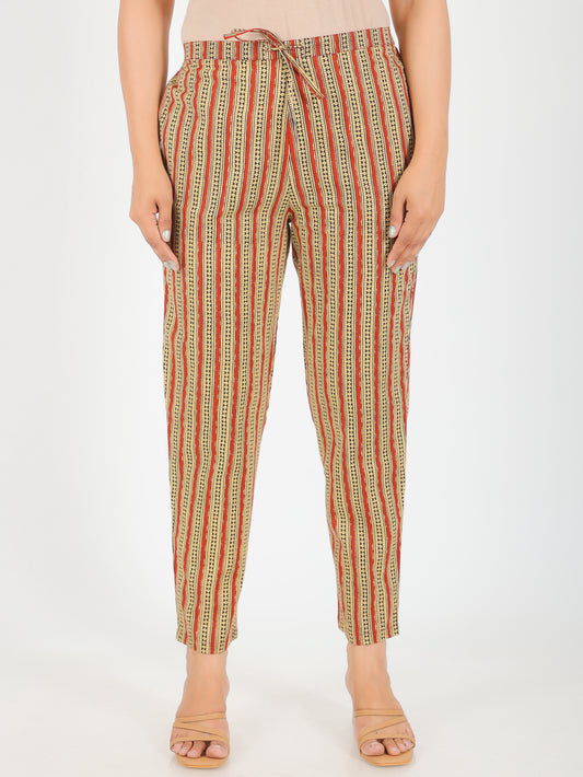 Soft Cotton Striped Beige Tapered Trousers