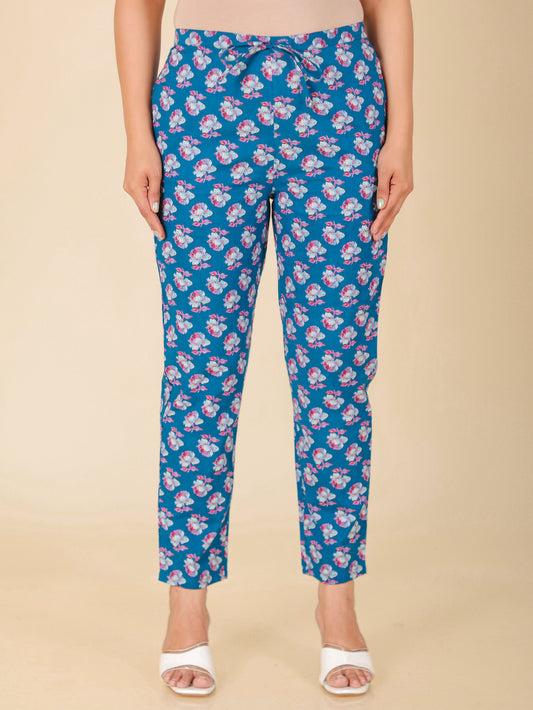 Soft Cotton Floral Blue Tapered Trousers