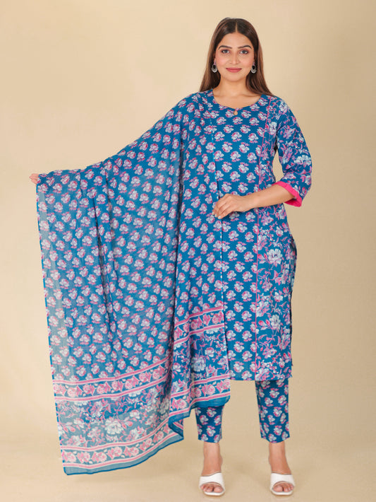 Soft Cotton Floral Panelled Blue Kurta