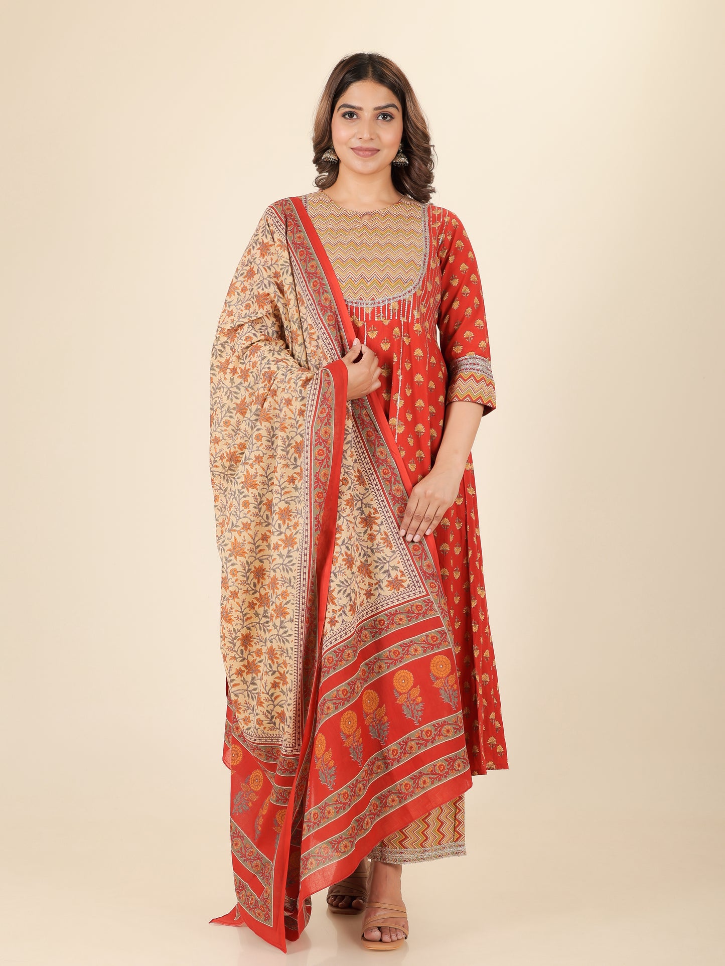 Soft Cotton Floral Anarkali Orange Kurta