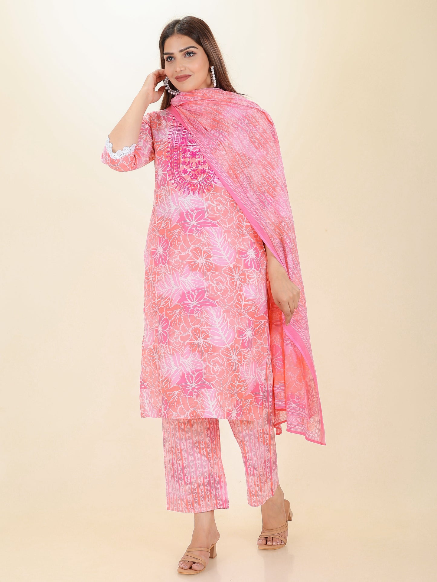 Embroidered Soft Cotton Floral Straight Pink Kurta