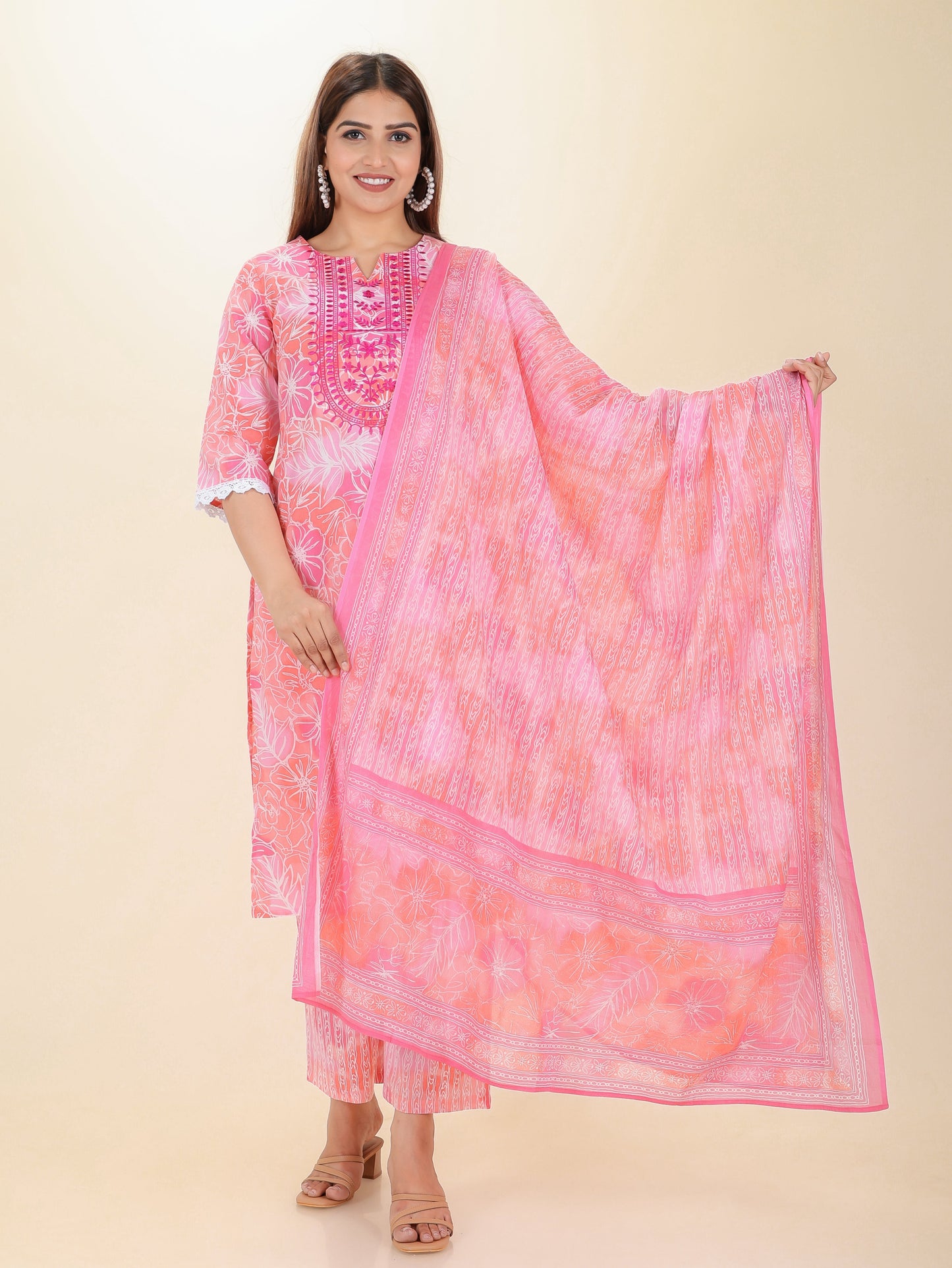 Embroidered Soft Cotton Floral Straight Pink Kurta
