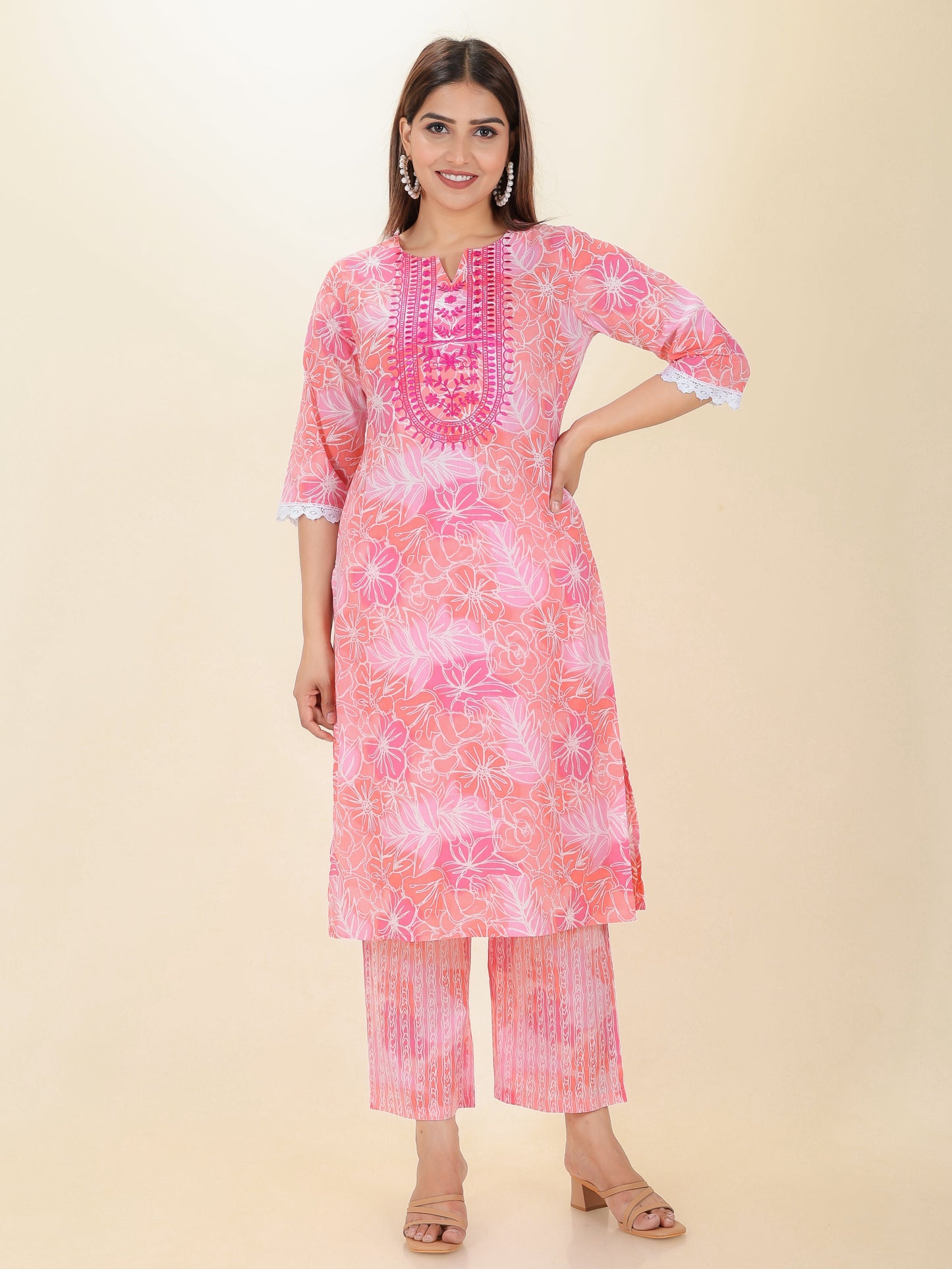 Embroidered Soft Cotton Floral Straight Pink Kurta