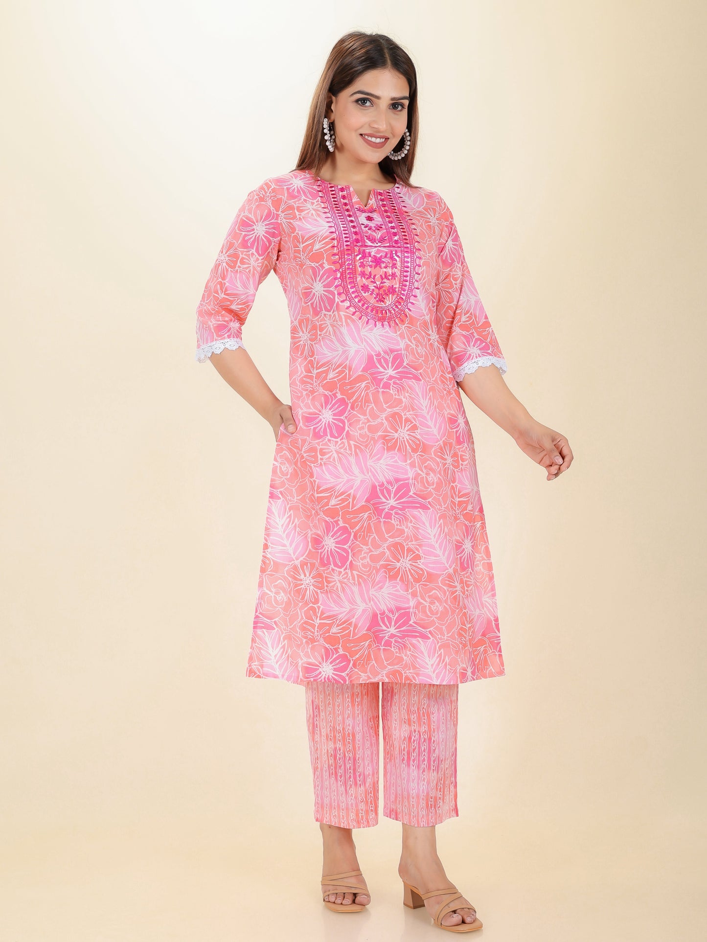 Embroidered Soft Cotton Floral Straight Pink Kurta