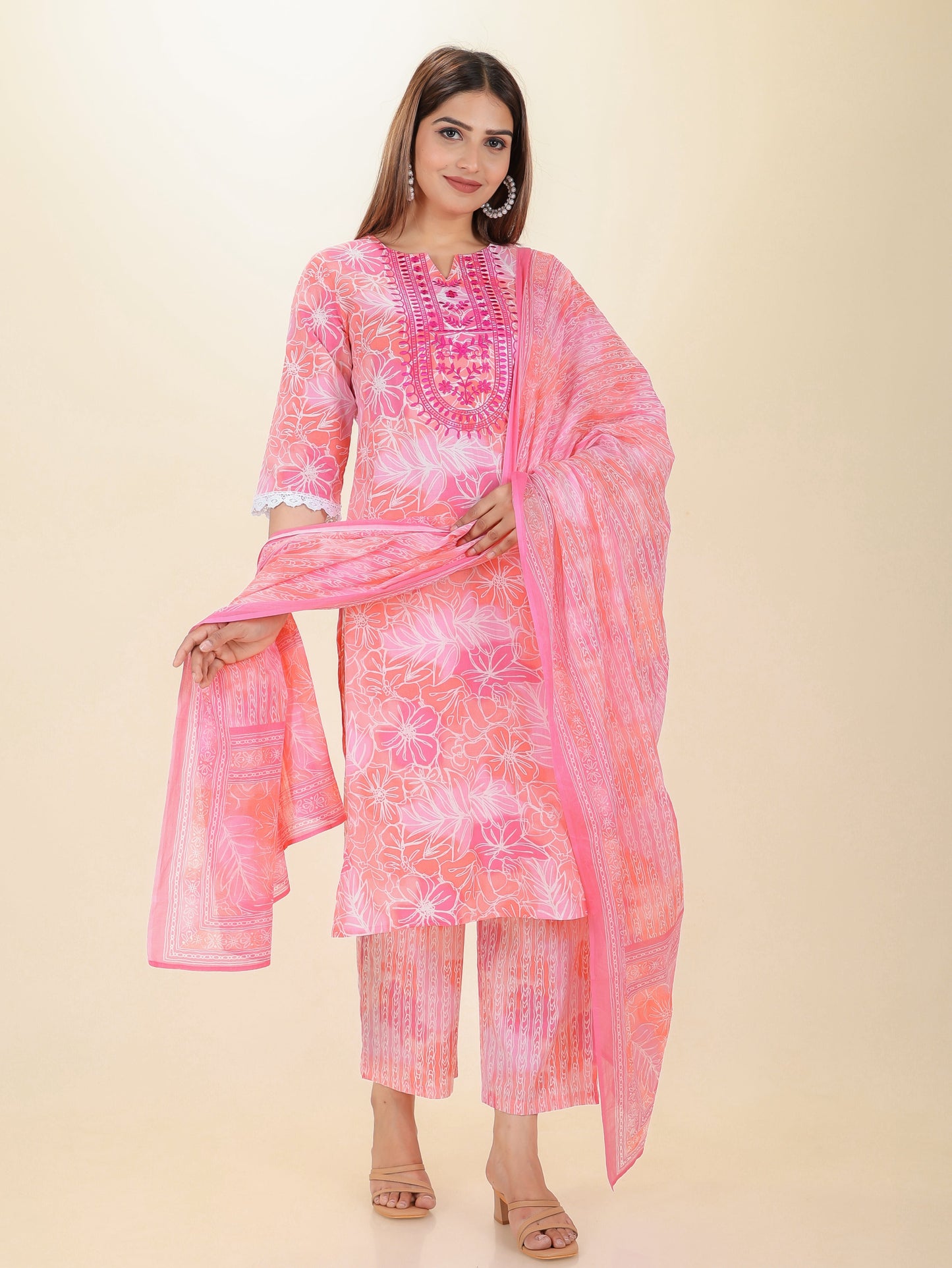 Embroidered Soft Cotton Floral Straight Pink Kurta