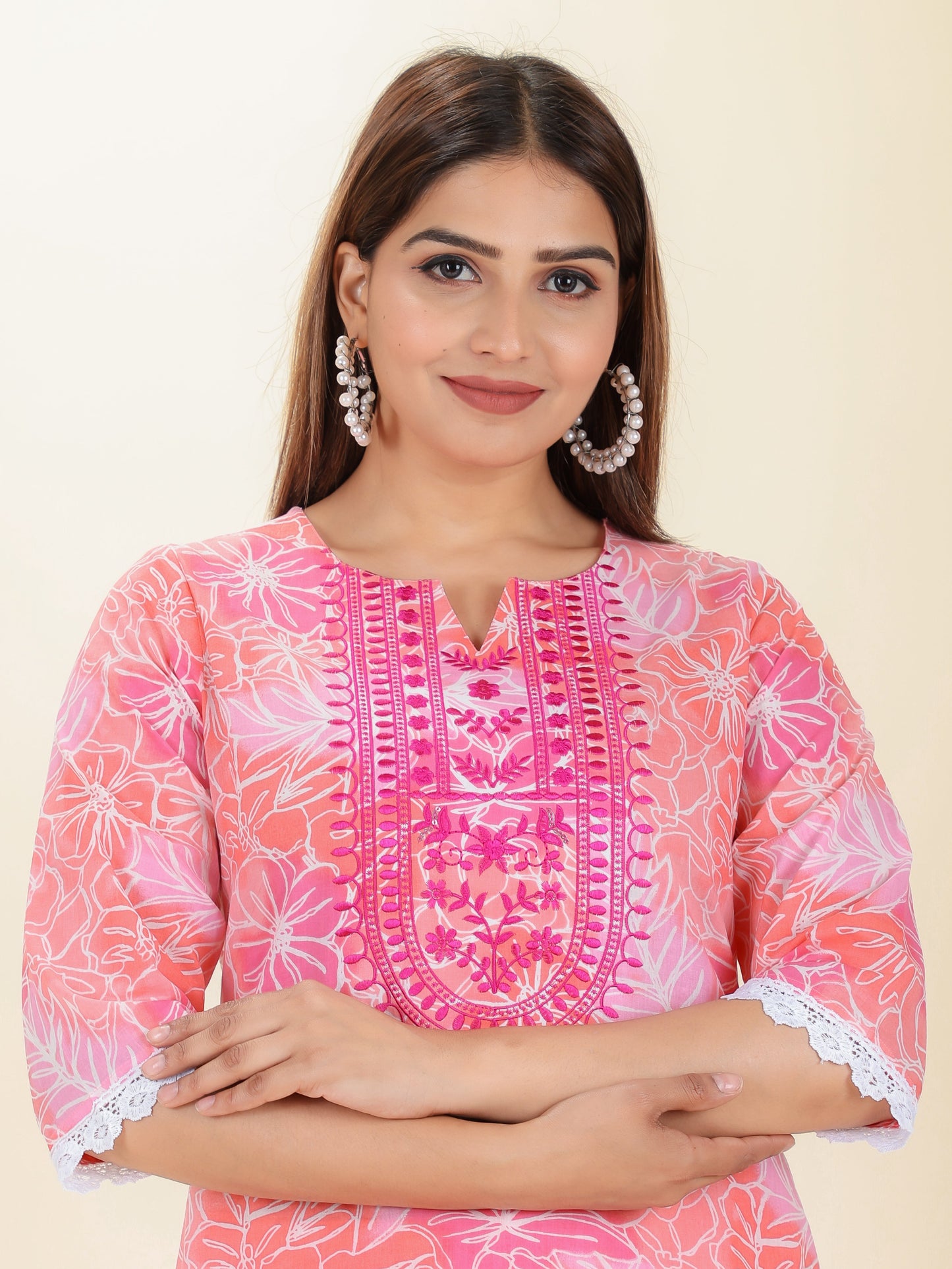 Embroidered Soft Cotton Floral Straight Pink Kurta