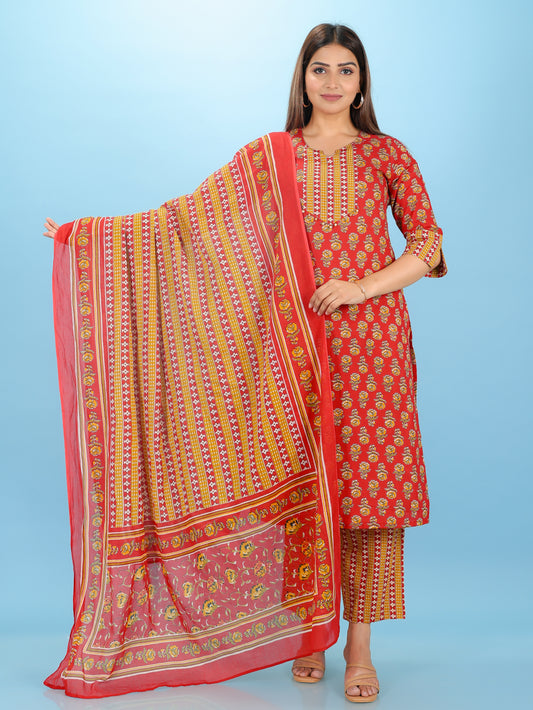 Soft Cotton Block Straight Red Kurta