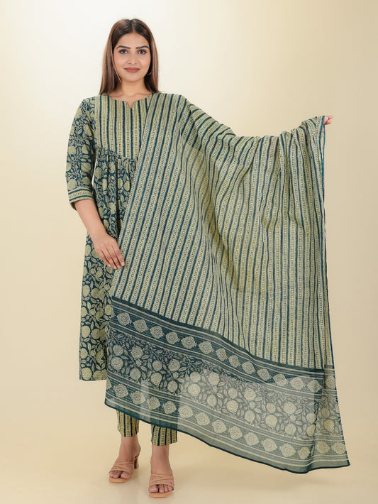 Soft Cotton Block A-line Blue Kurta