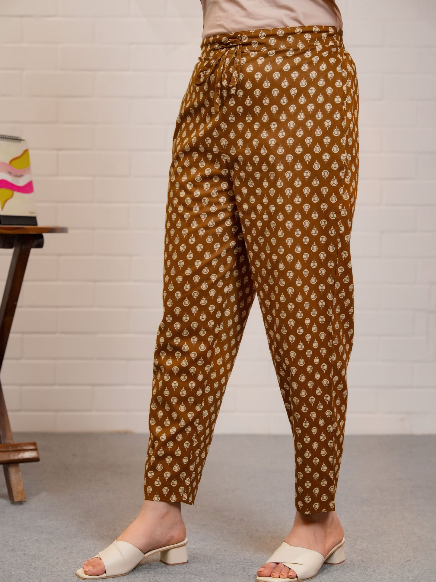 Soft Cotton Block Print Rust Orange Tapered Trousers