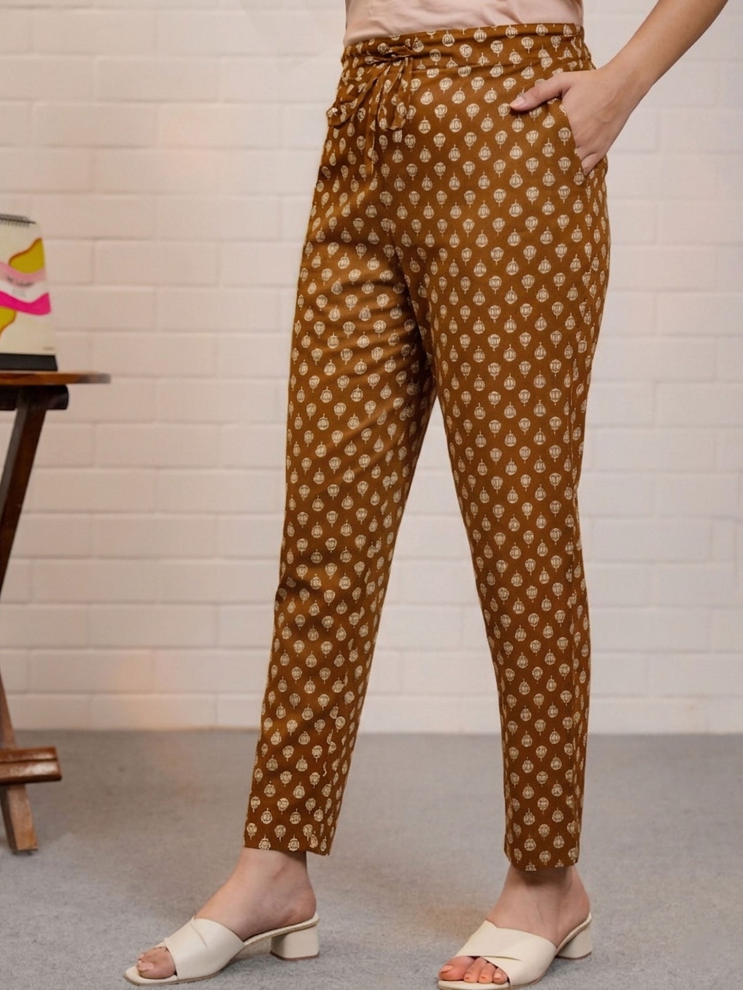 Soft Cotton Block Print Rust Orange Tapered Trousers