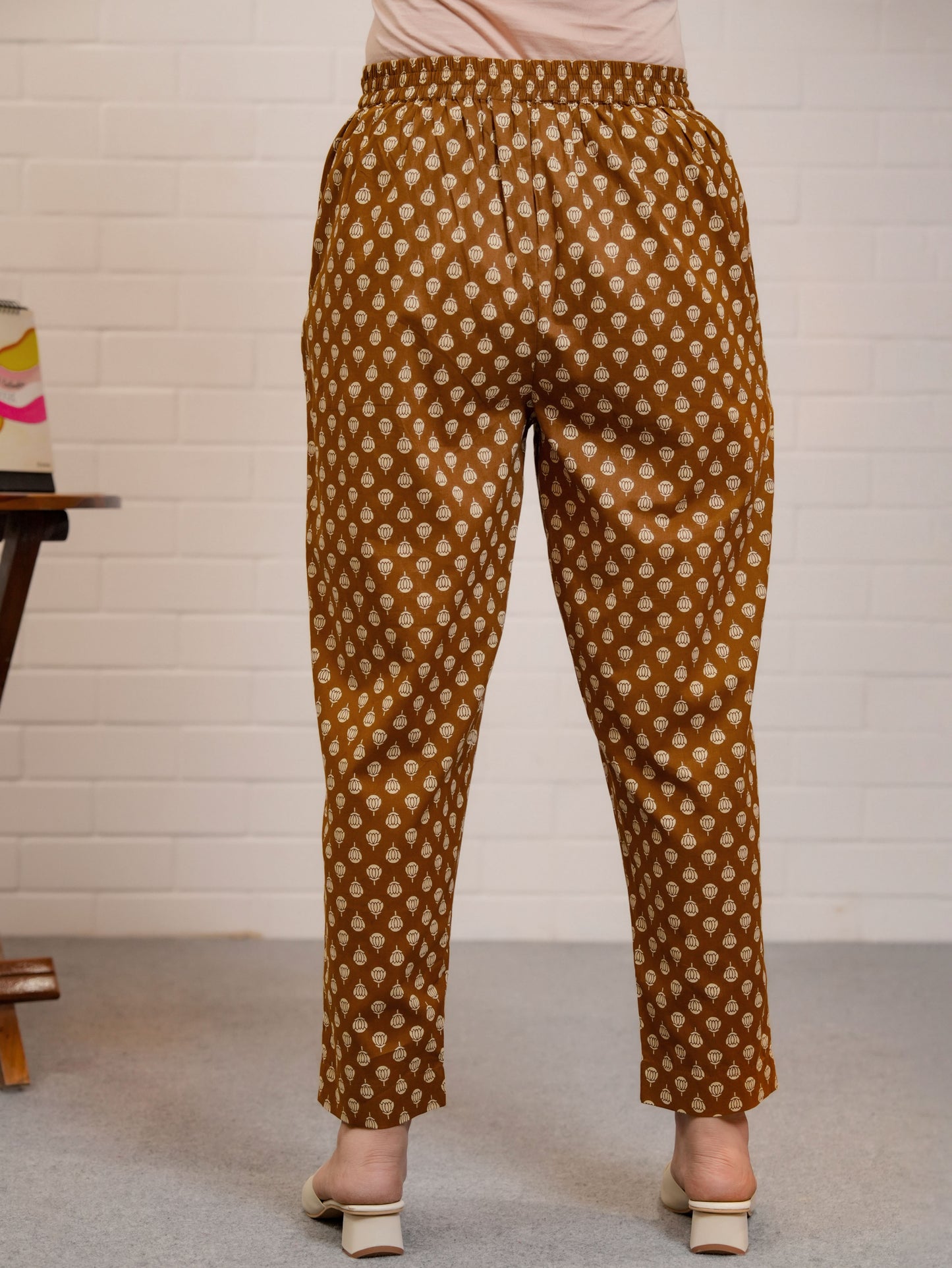Soft Cotton Block Print Rust Orange Tapered Trousers