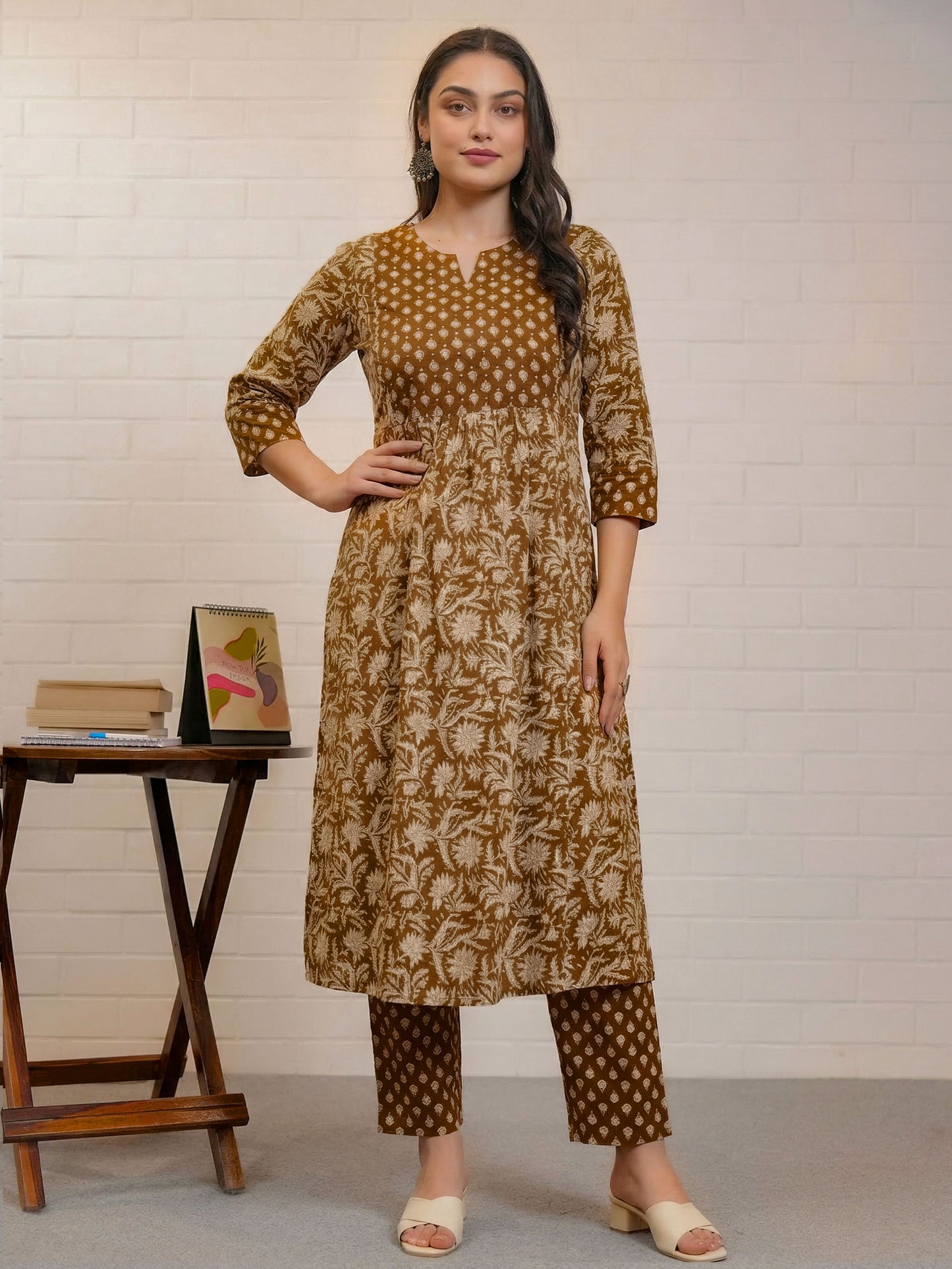 Soft Cotton Block Print Flared Rust Orange Kurta