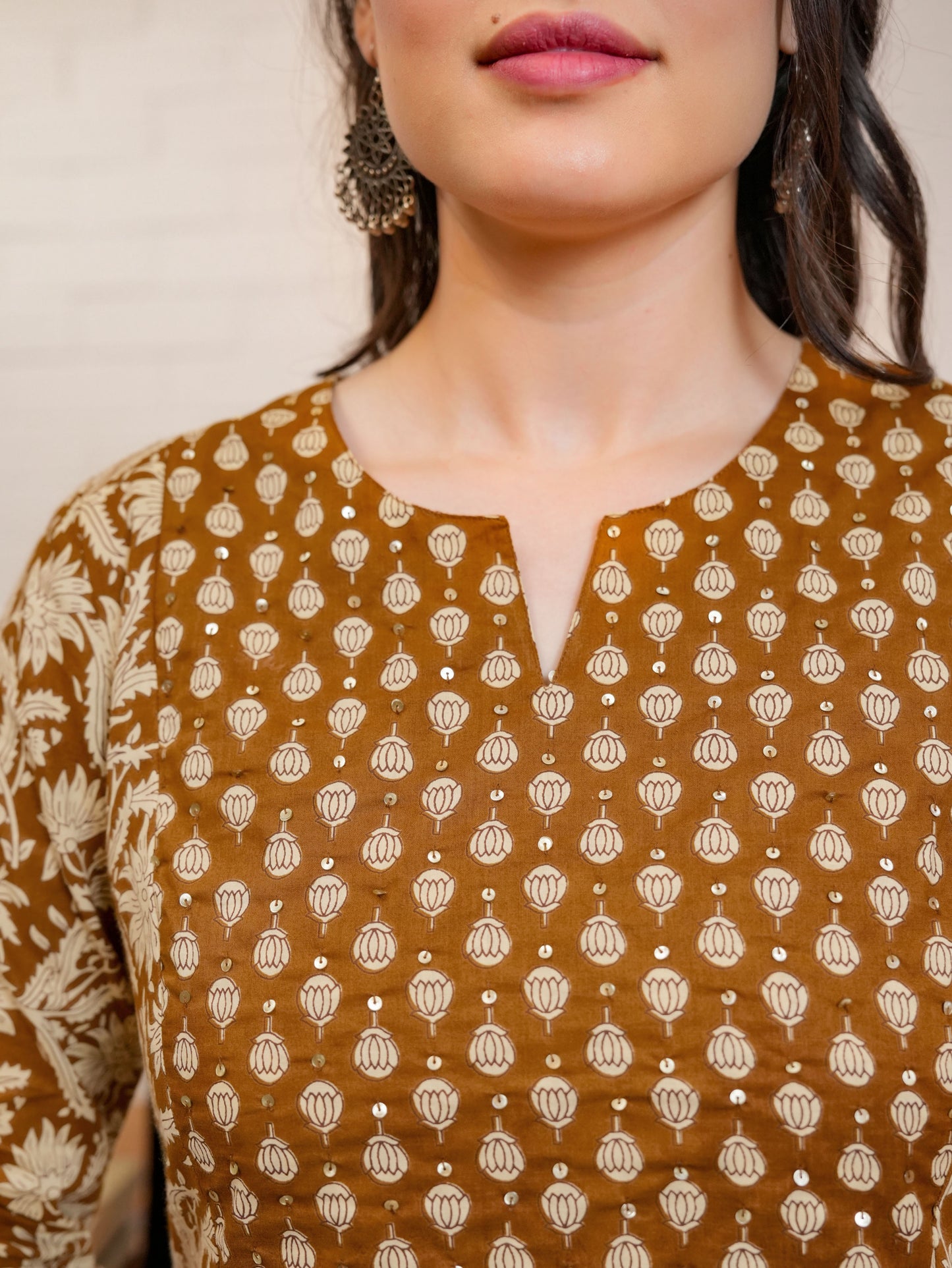 Soft Cotton Block Print Flared Rust Orange Kurta