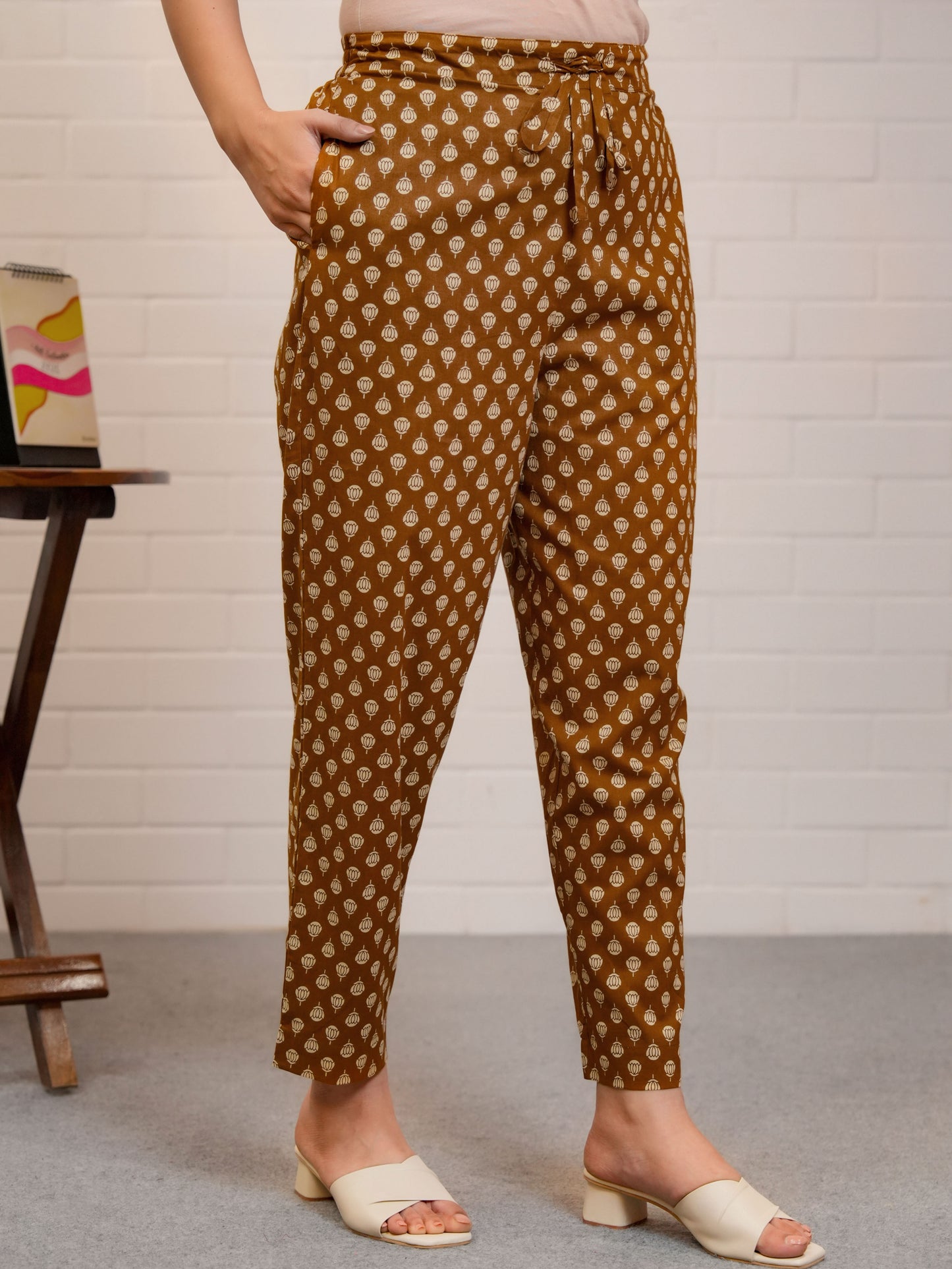 Soft Cotton Block Print Rust Orange Tapered Trousers