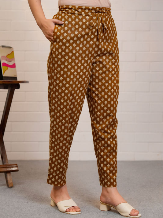 Soft Cotton Block Print Rust Orange Tapered Trousers