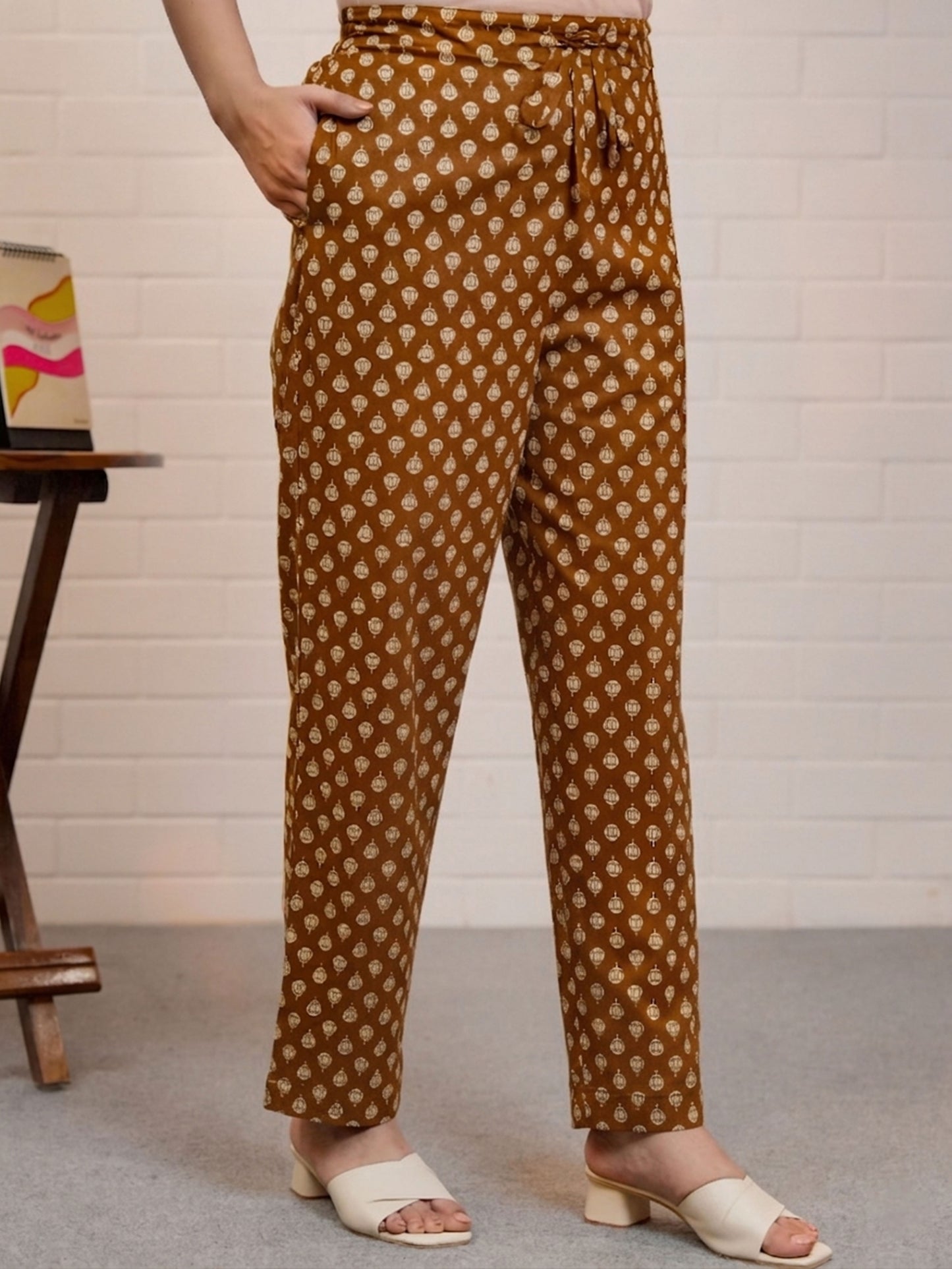 Soft Cotton Block Print Rust Orange Tapered Trousers