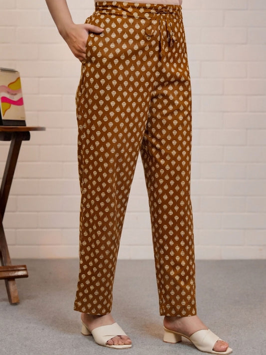 Soft Cotton Block Print Rust Orange Tapered Trousers