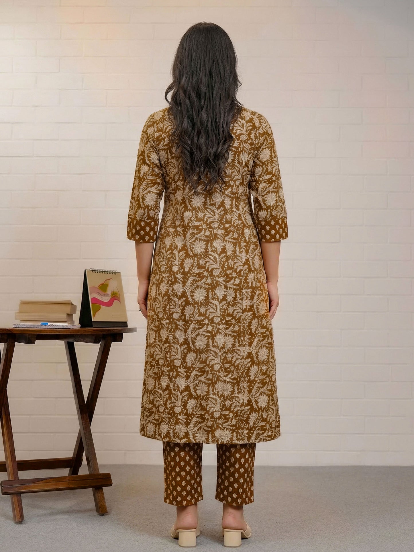 Soft Cotton Floral Panelled Rust Orange Kurta