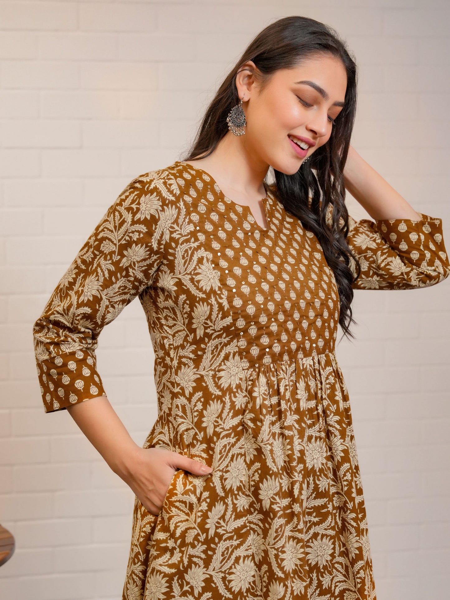 Soft Cotton Block Print Flared Rust Orange Kurta