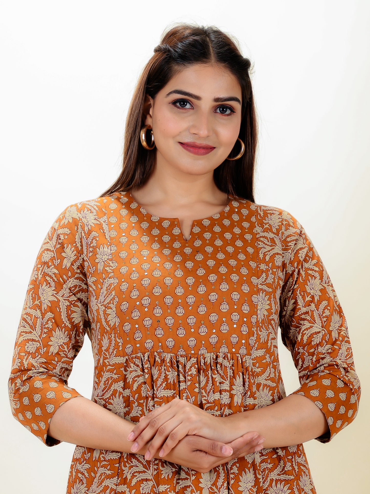 Soft Cotton Floral Panelled Rust Orange Kurta