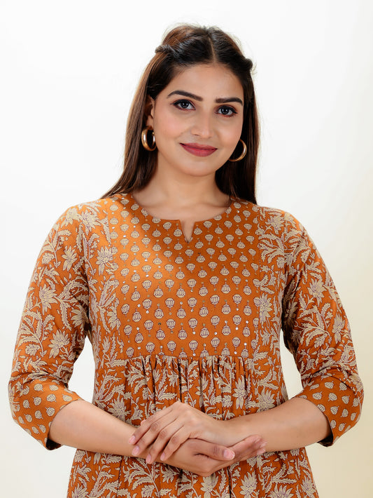 Soft Cotton Floral Panelled Rust Orange Kurta