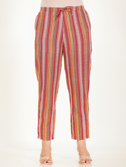 Kantha Cotton Striped Purple Tapered Trousers