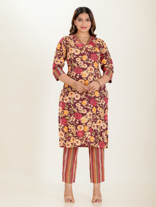 Kantha Cotton Floral Straight Purple Kurta