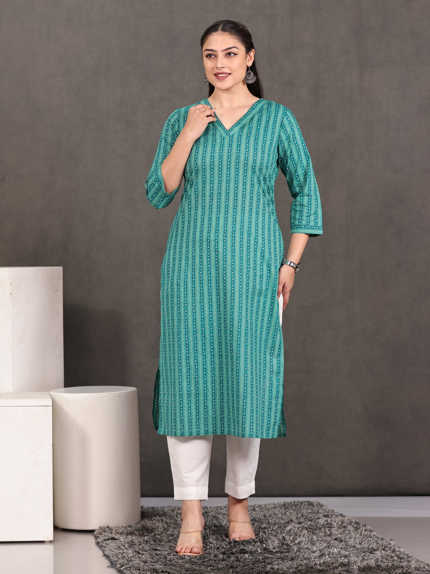 Embroidered Soft Cotton Striped Straight Green Kurta
