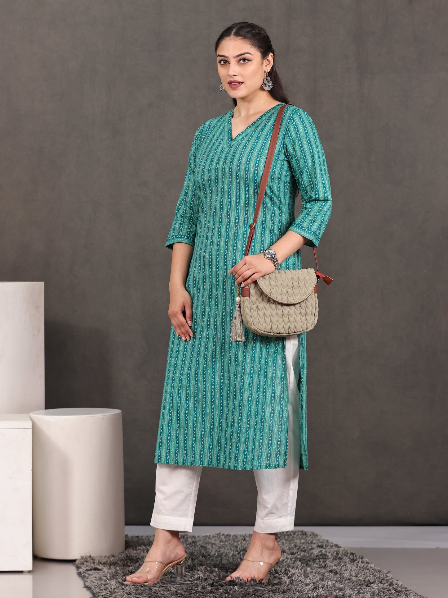 Embroidered Soft Cotton Striped Straight Green Kurta