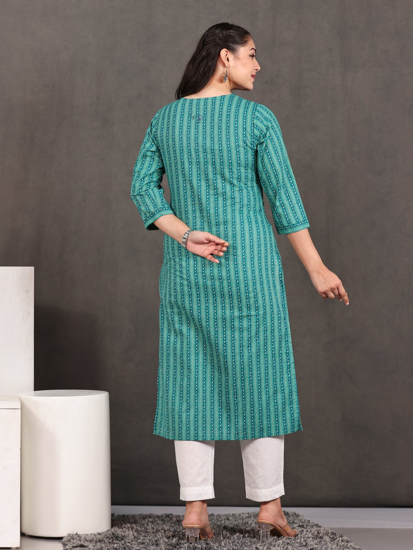 Embroidered Soft Cotton Striped Straight Green Kurta
