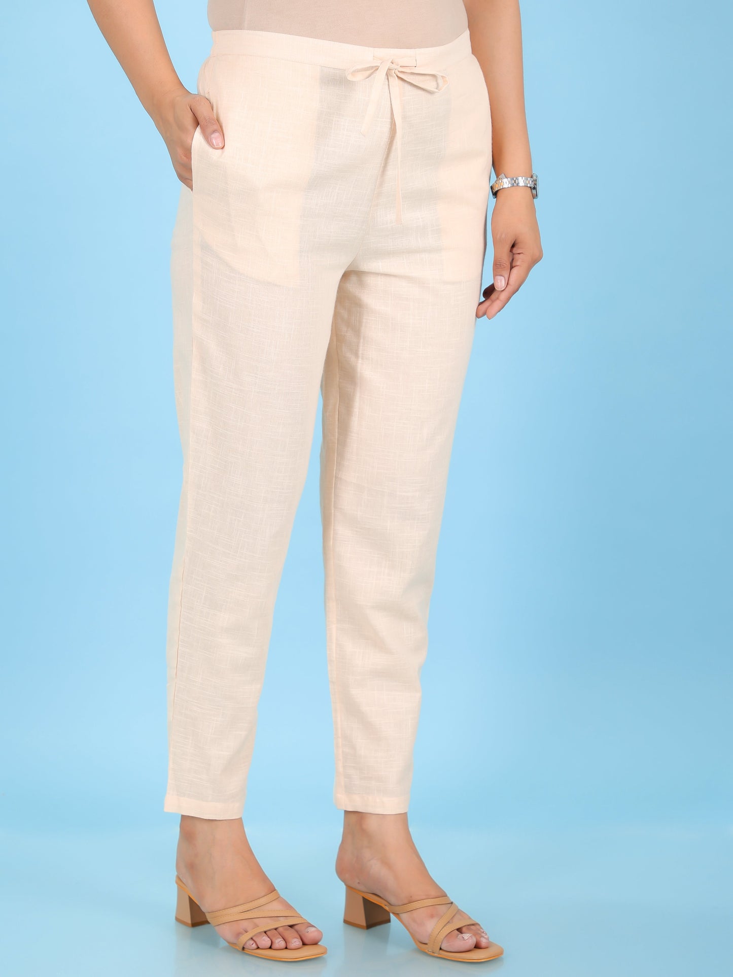 Linen Cotton Solid Beige Tapered Trousers