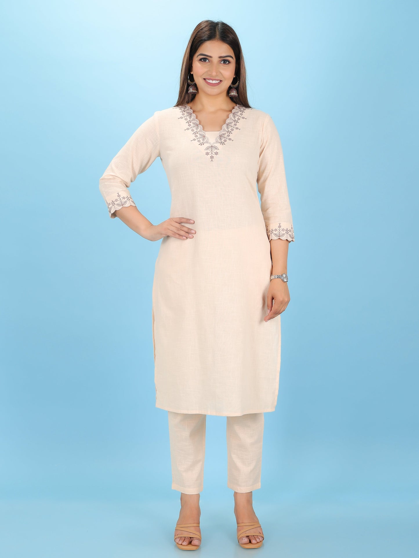 Embroidered Linen Cotton Solid Straight Beige Kurta