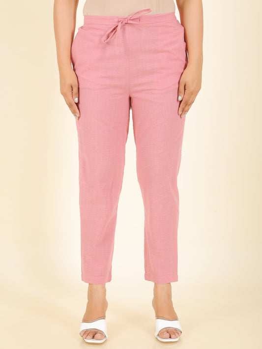 Natural Cotton Solid Pink Tapered Trousers