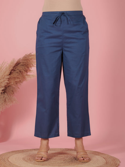 Soft Cotton Solid Blue Straight Trousers