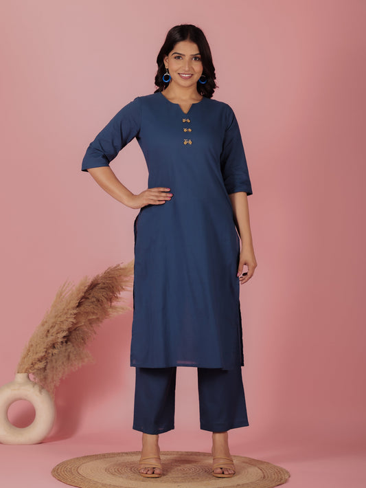 Soft Cotton Solid Straight Blue Kurta