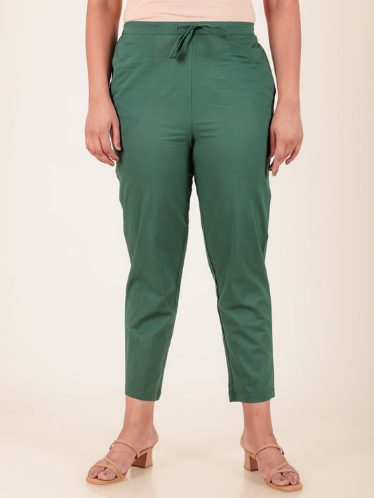 Soft Cotton Solid Green Tapered Trousers