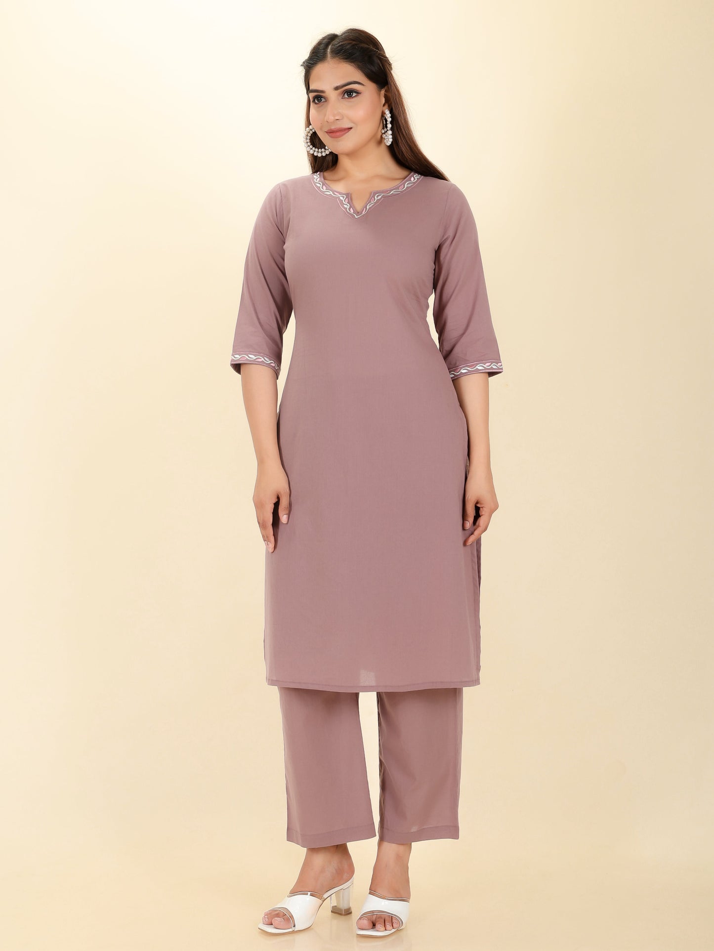Embroidered Soft Cotton Solid Straight Purple Kurta