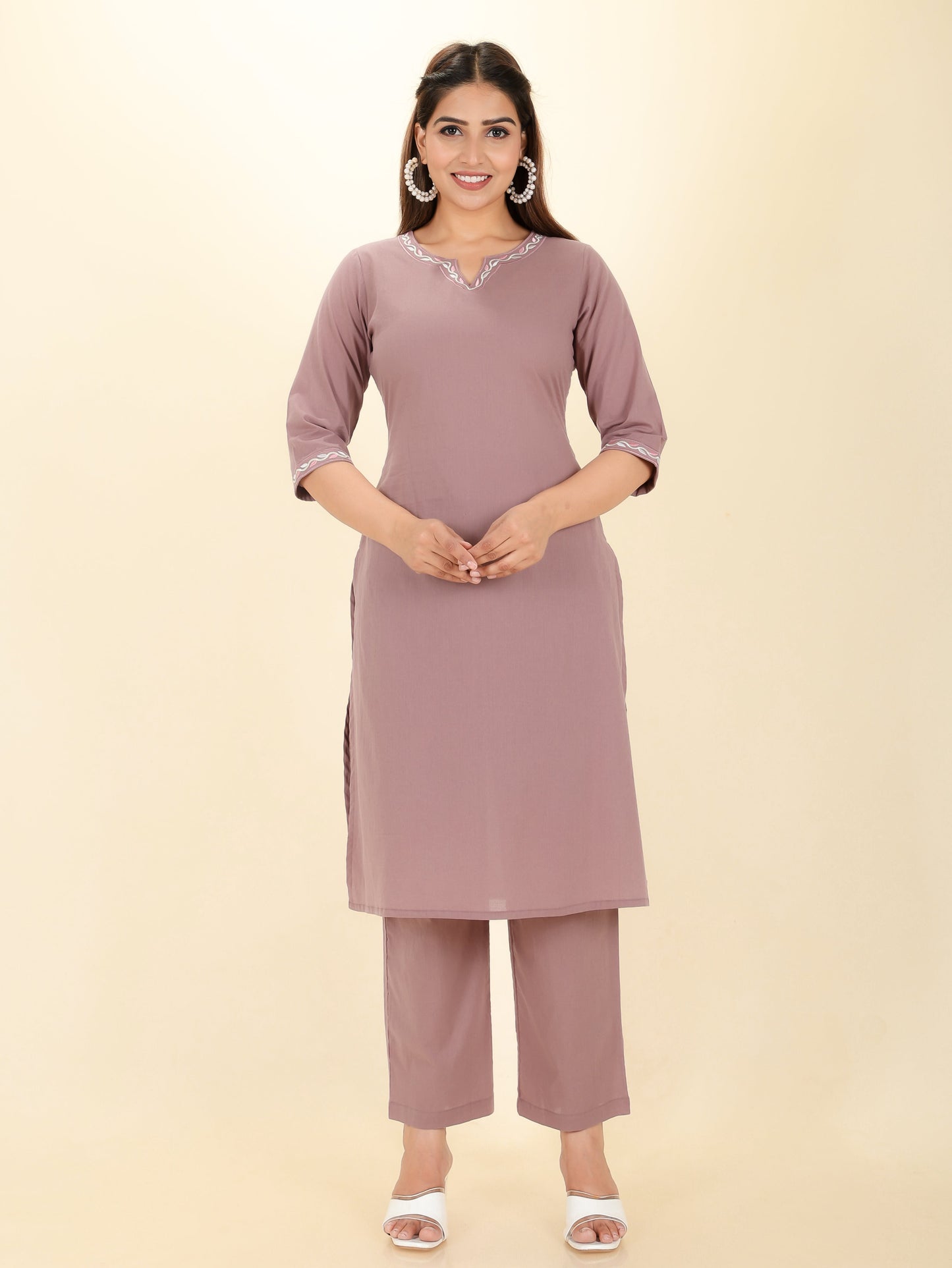Embroidered Soft Cotton Solid Straight Purple Kurta