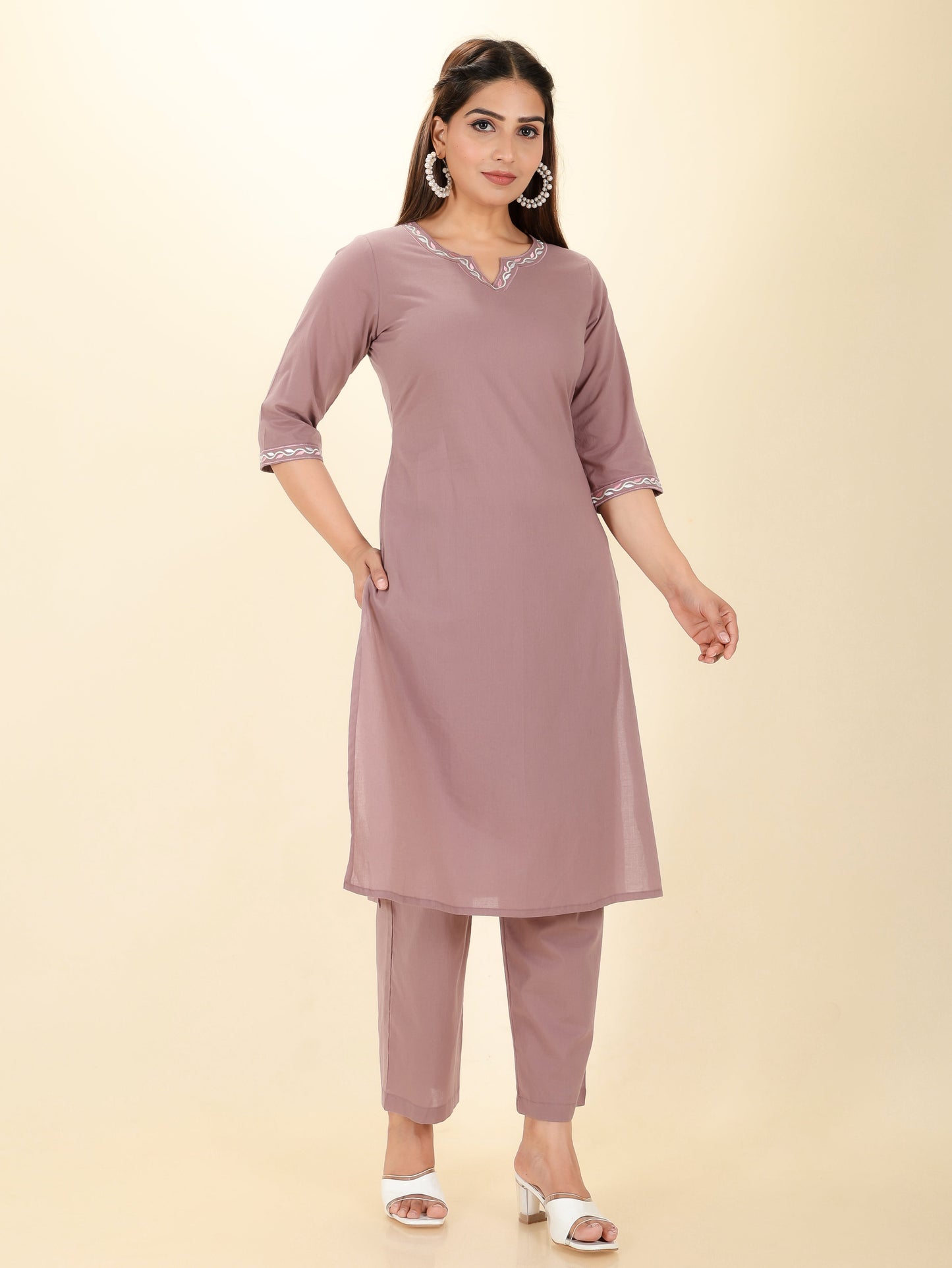 Embroidered Soft Cotton Solid Straight Purple Kurta
