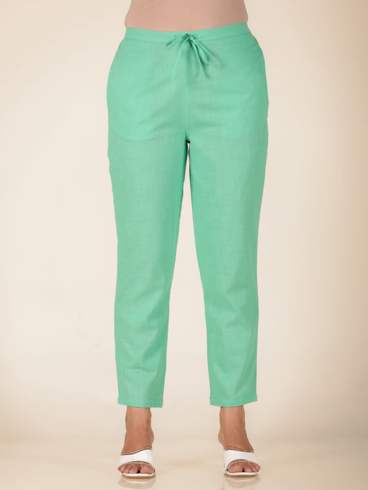 Natural Cotton Solid Green Tapered Trousers