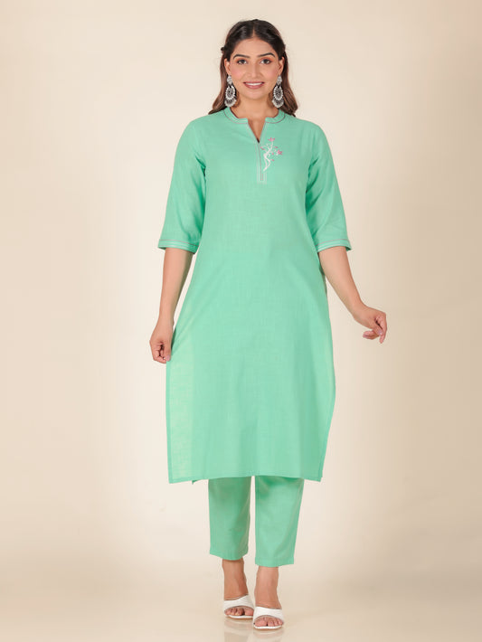Natural Cotton Solid Straight Green Kurta