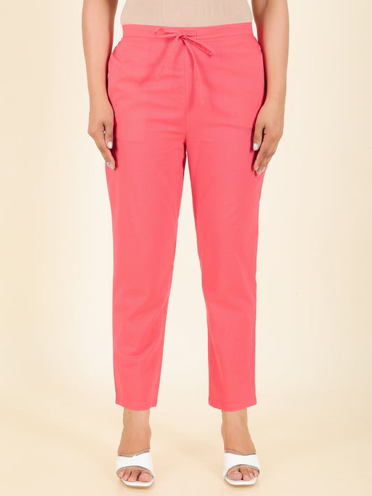 Soft Cotton Solid Pink Tapered Trousers