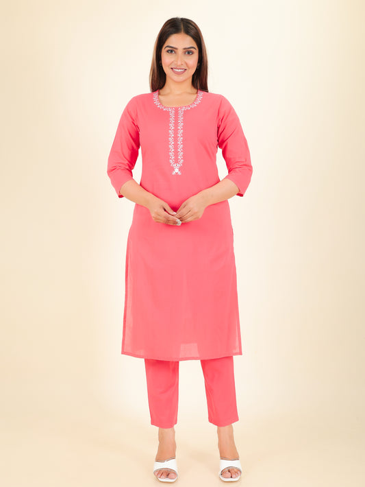 Soft Cotton Solid Straight Pink Kurta