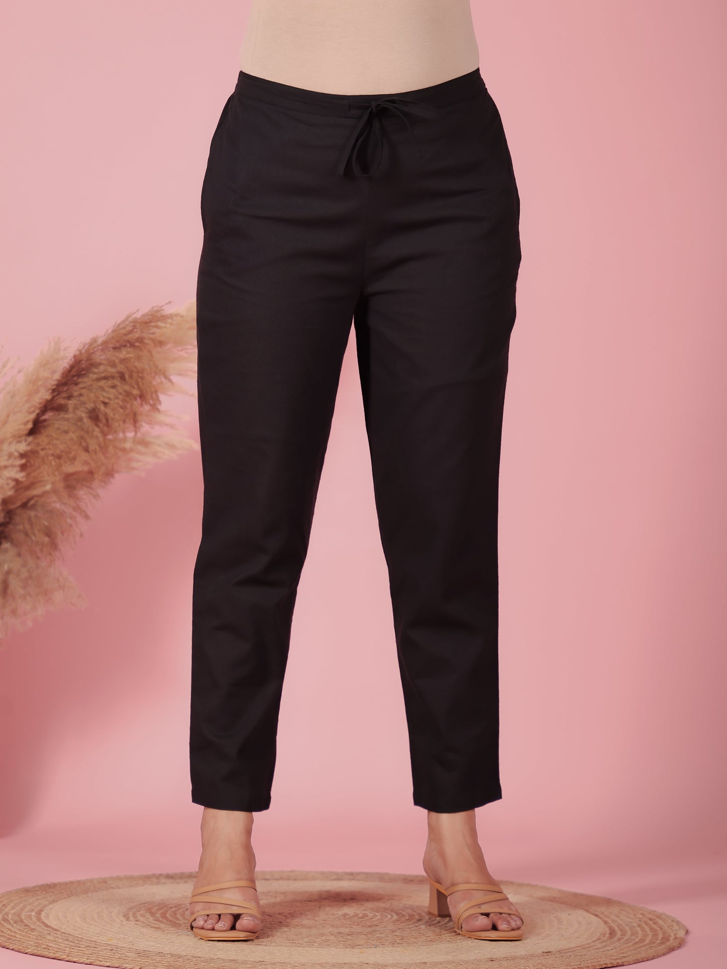 Natural Cotton Solid Black Tapered Trousers