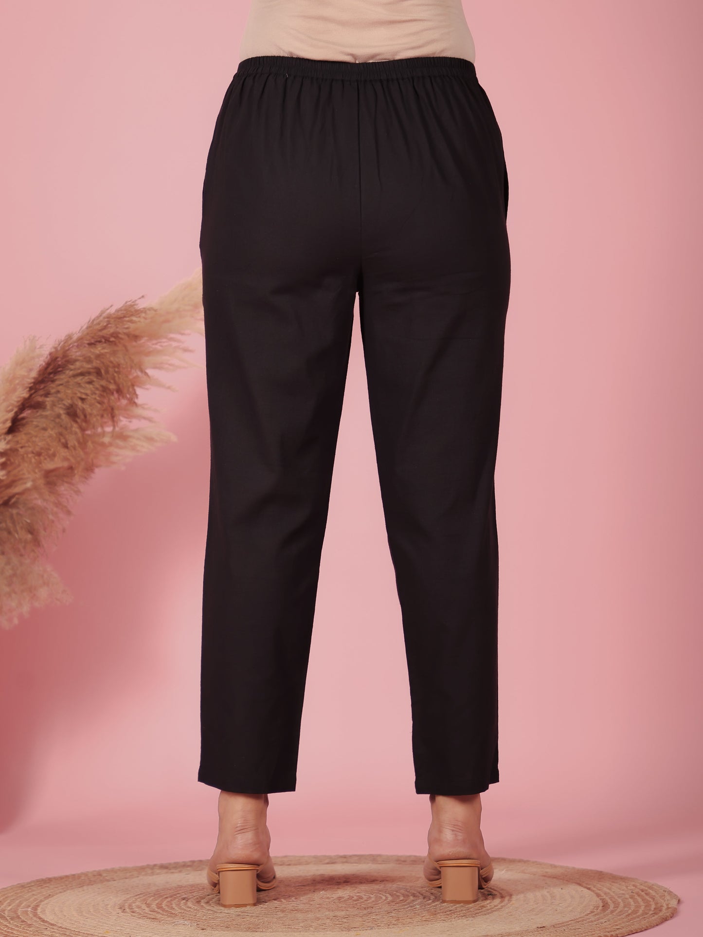 Natural Cotton Solid Black Tapered Trousers