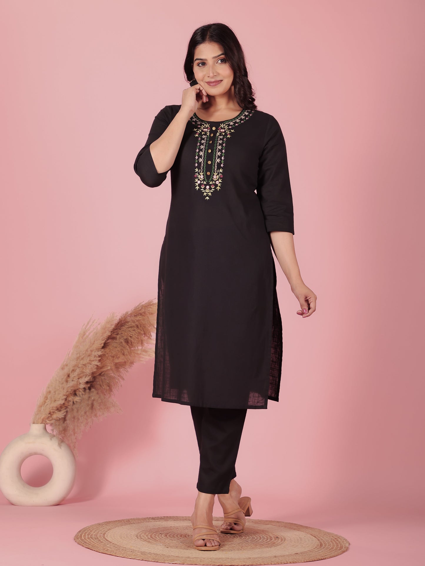 Natural Cotton Solid Straight Black Kurta