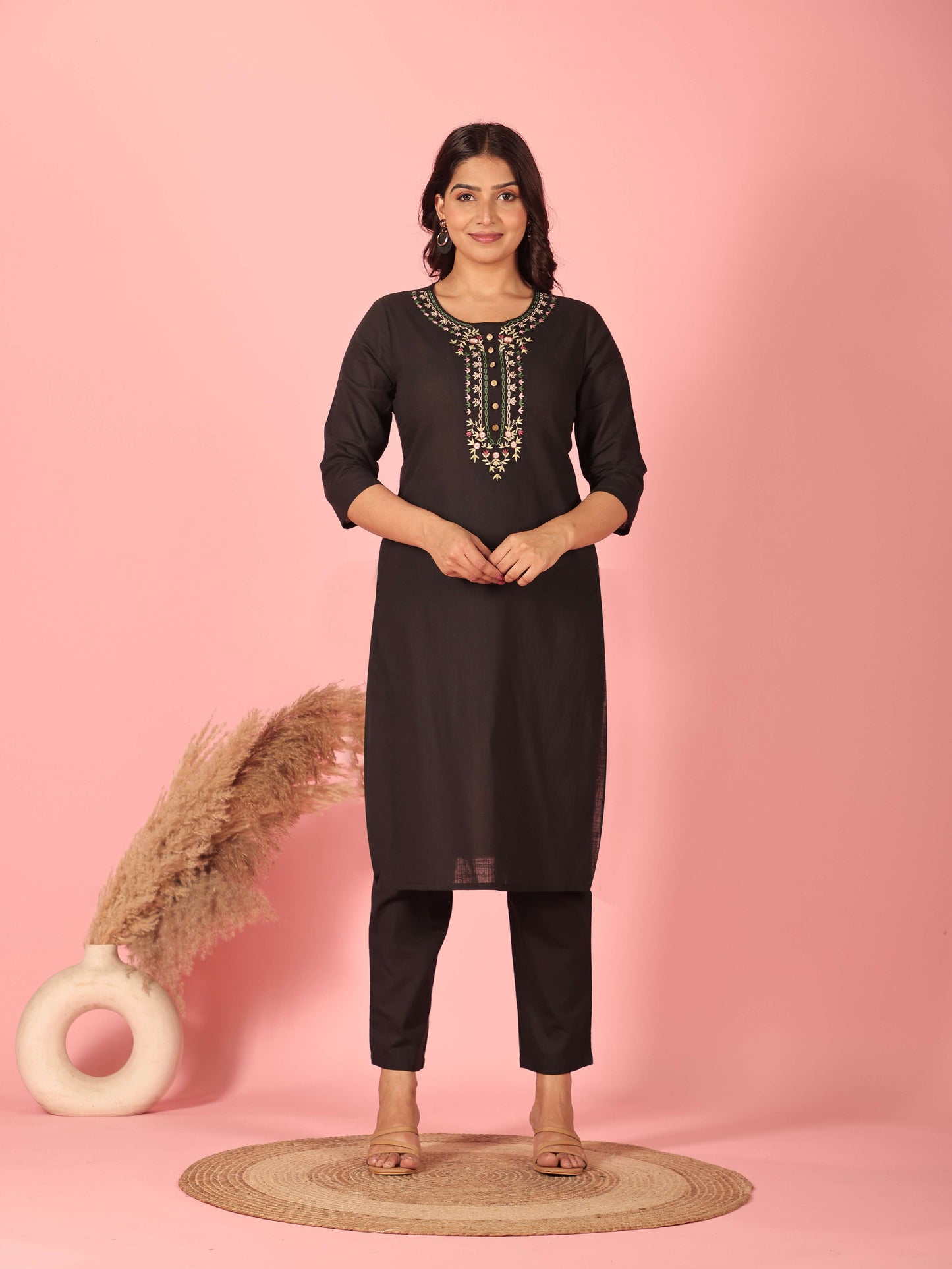 Natural Cotton Solid Straight Black Kurta