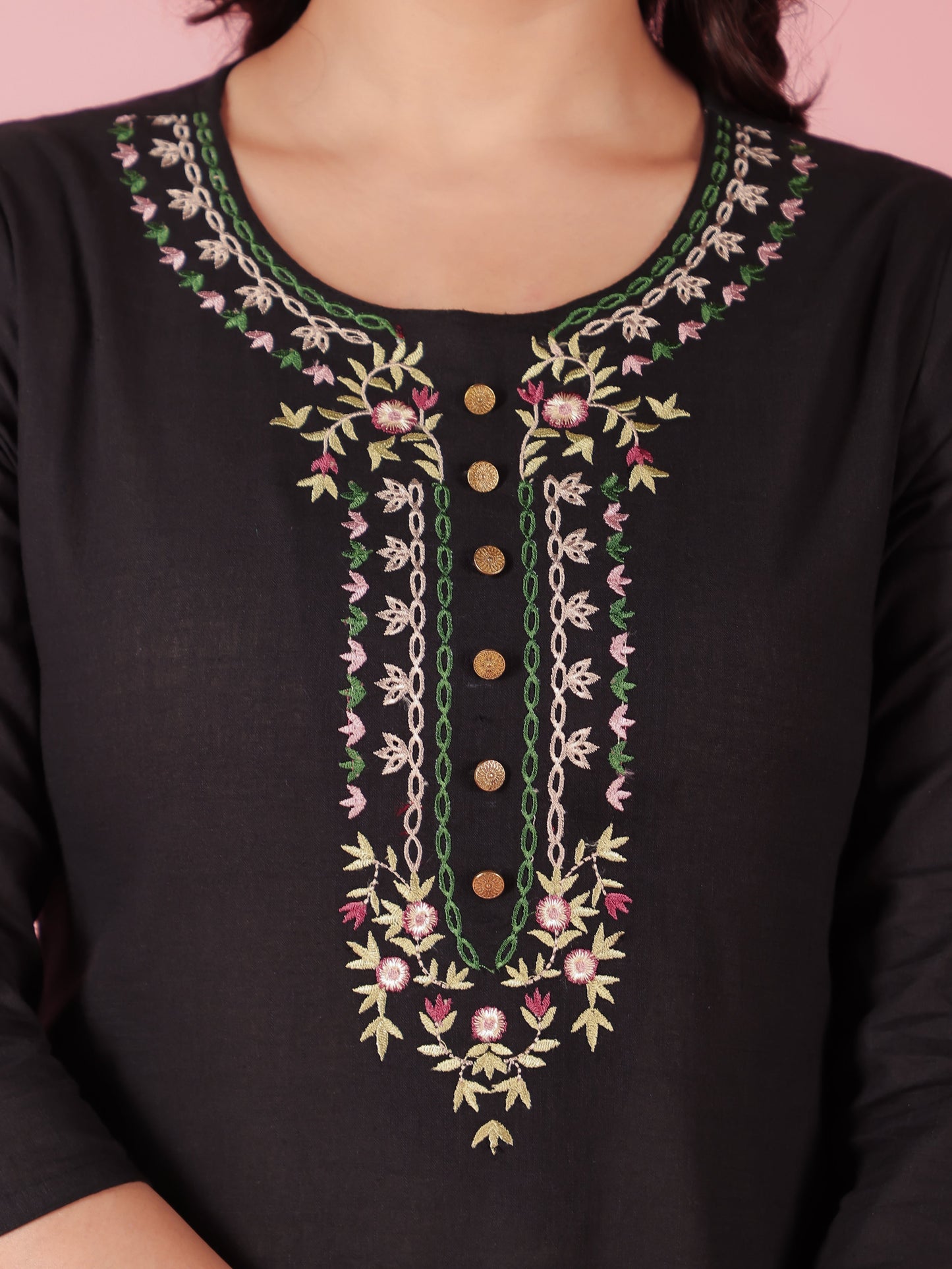 Natural Cotton Solid Straight Black Kurta