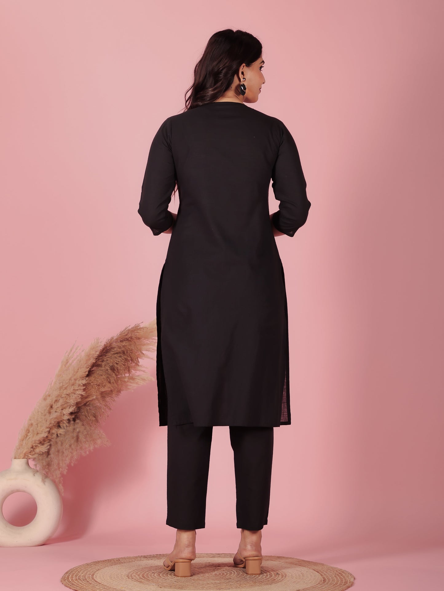 Natural Cotton Solid Straight Black Kurta